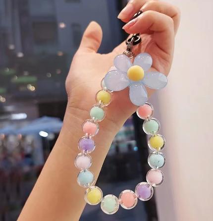 Hot Selling Colorful Fashion Women's Hanging Chain Ring Code Wrist Strap Clip Cute Flower Bead Mobile Phone Lanyard