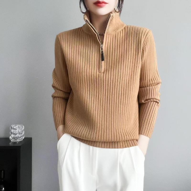 Autumn Winter Solid Color Pullover Zipper Long Sleeve Sweater Knitted Elegant Women's Clothing Half Open Collar All-match Tops