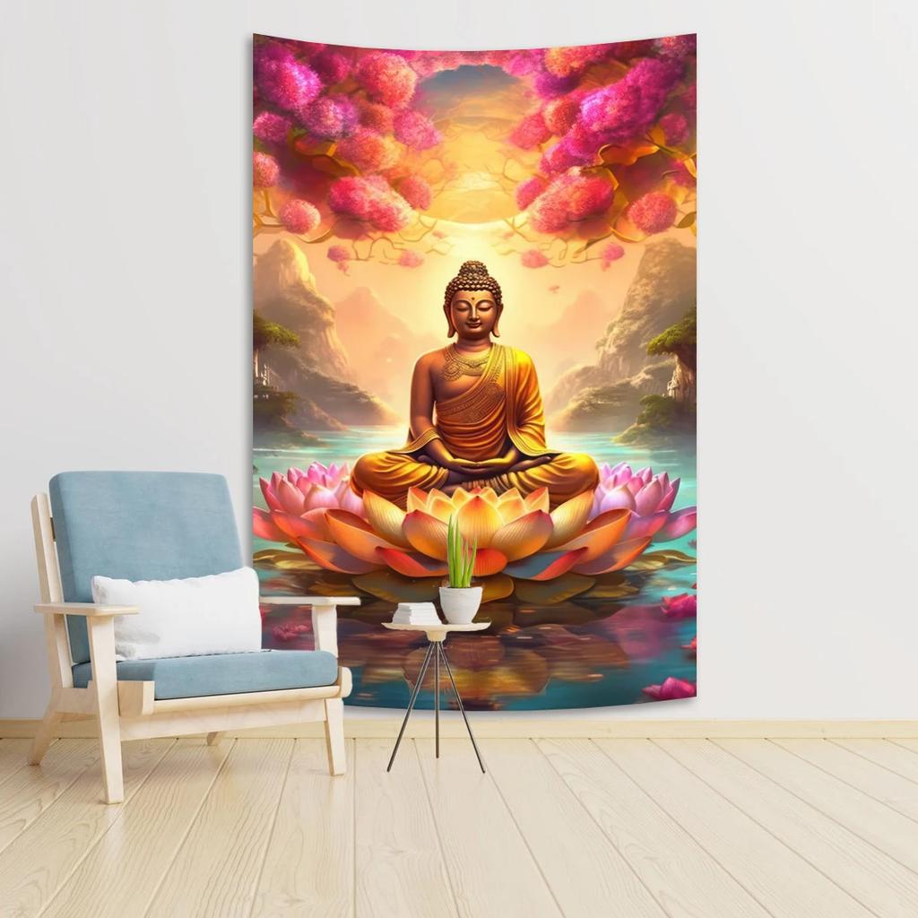 Zen Buddha Tapestry  Serene Meditation  Golden Clouds  Unique Wall Art for Yoga Room Home Decor  Spiritual Gift