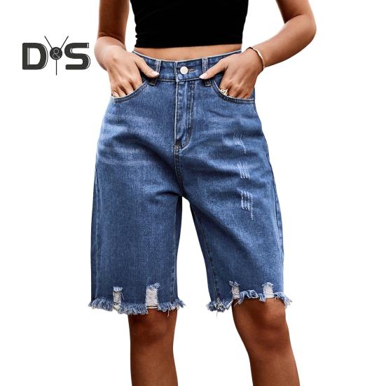 Women's High Waisted Distressed Bermuda Denim Shorts Knee Length Ripped Stretchy Jean Shorts with Pockets Frayed Hem Short Pants