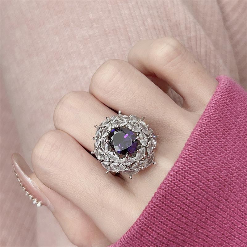 Women's Gemstone Zircon Ring: Purple, Full Diamond Inlay, Colorfast, High-End, Ultra Shiny for Live Broadcast
