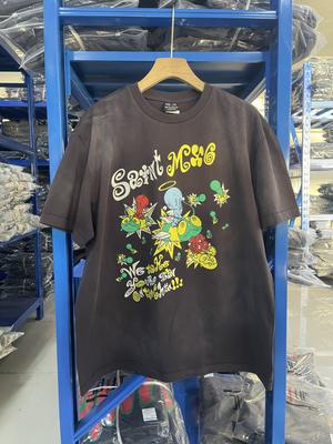 Summer Vintage Saint Tshirt Washed Pattern Printed Short Sleeve  Cotton High Street Casual Oversize Loose Fashion Top