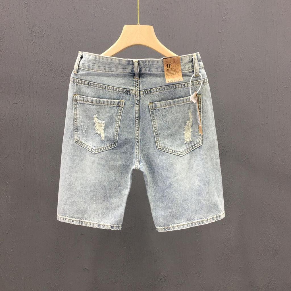 2024 Men's Luxury Ripped Denim Shorts - Light, Elastic, Mid-length Spliced Design