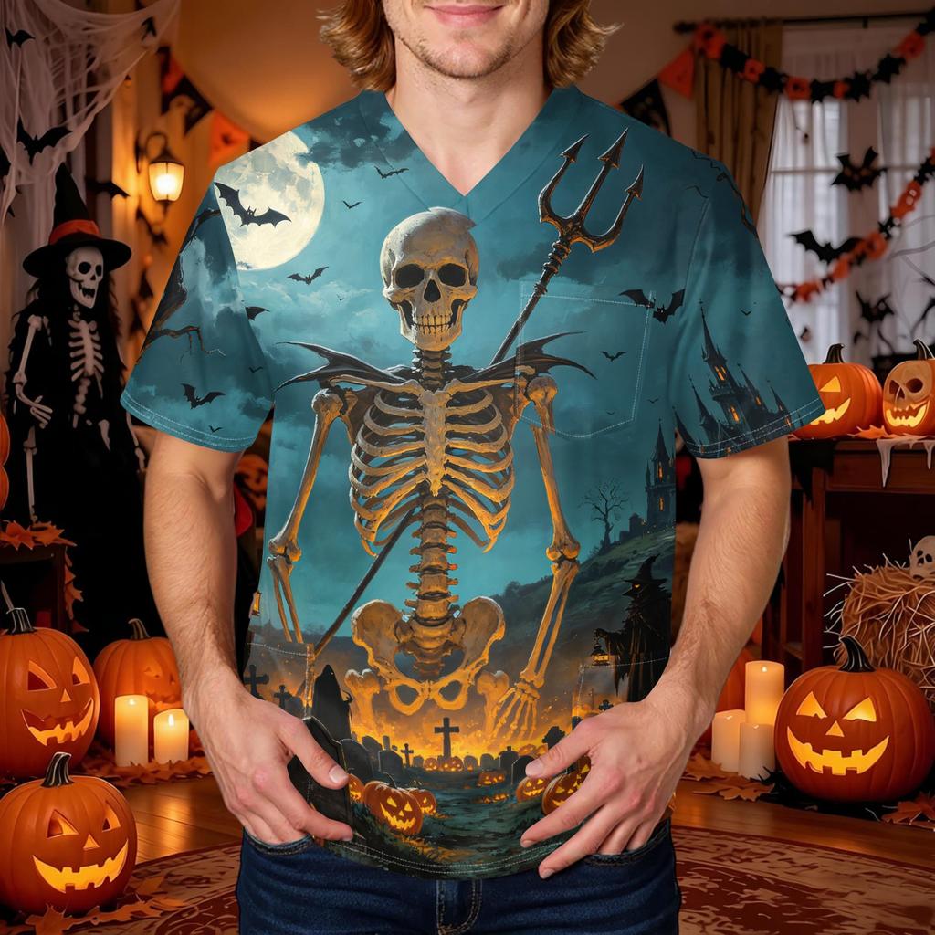 Men's Halloween Print V-Neck Scrub Top with Pocket Short Sleeve Uniform Shirt