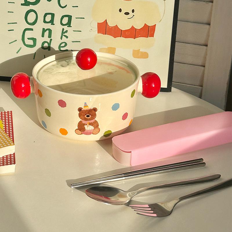 Ins Cream Wind Cute Cartoon Ceramic Binaural Instant Noodle Bowl Snail Powder Bowl Noodle Bowl Soup Bowl with Lid