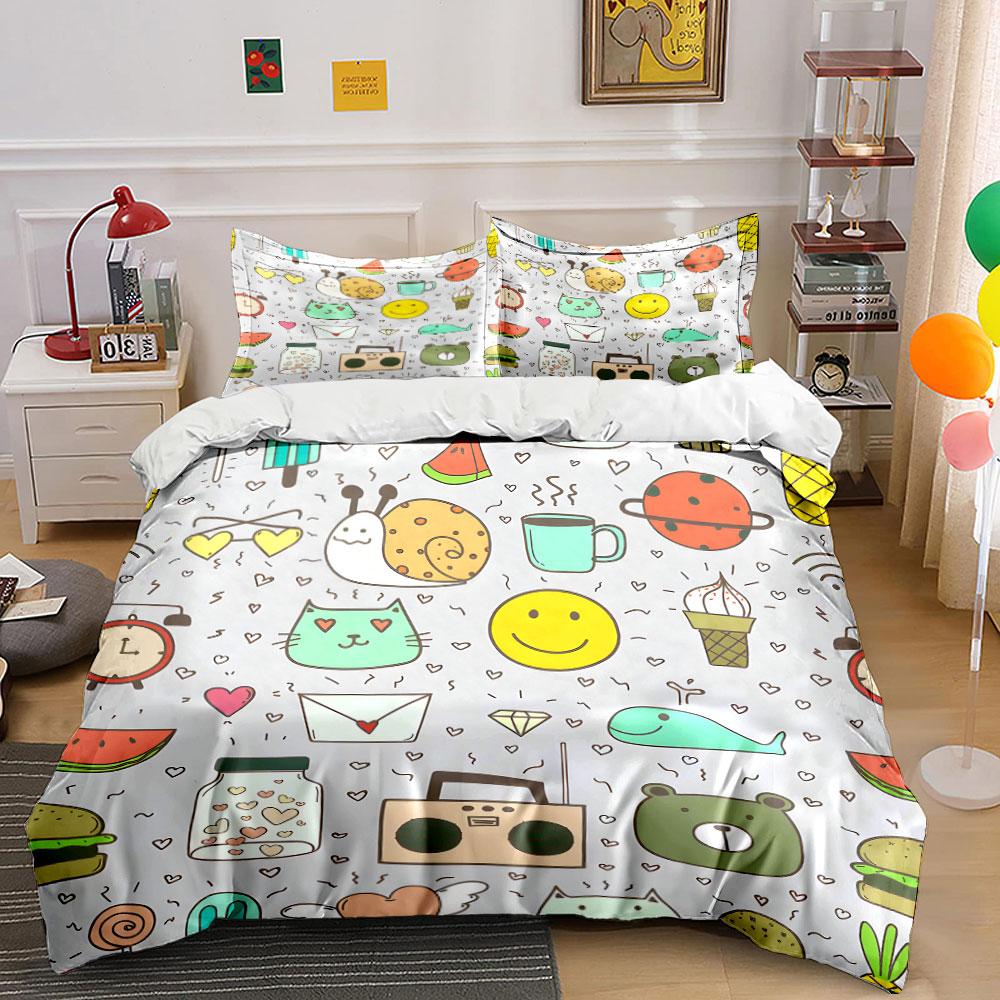 Cute Doodle Icons Pattern Bedding Duvet Cover Set (1*Duvet Cover 2*Pillowcases, without duvet insert)