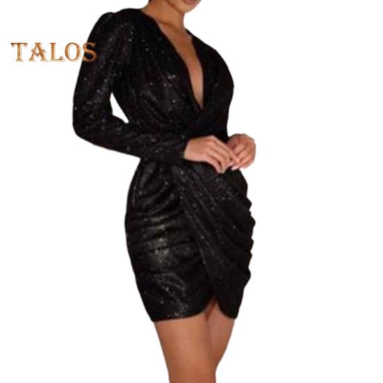 Vestido de club para mujer, escote en V profundo, plisado, con lentejuelas, manga larga, dobladillo irregular, holgado, para celebridades, banquetes, graduación, cócteles, minivestido