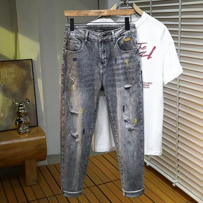 Spring Flying Painted Ripped Pants Scar Fit Stretch Denim Cropped Pants Men's Pants