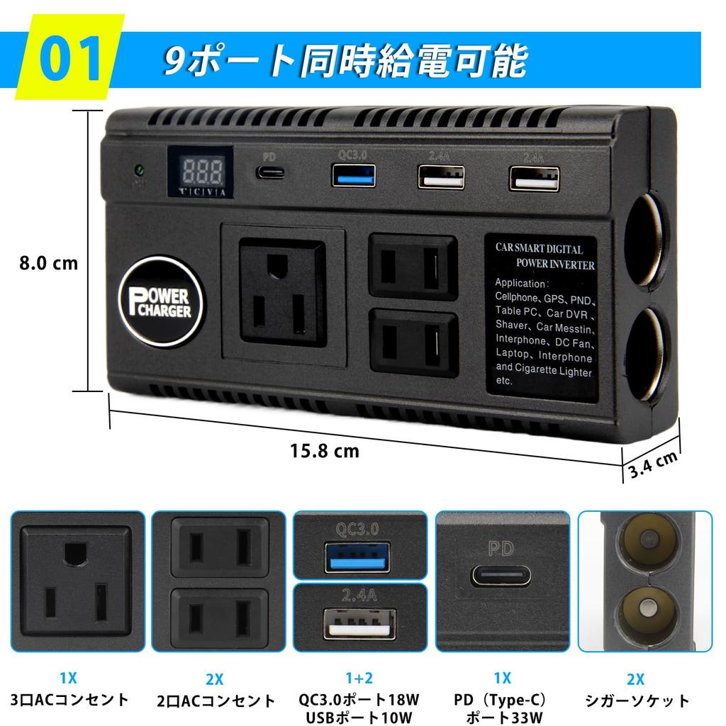 (New Model) Car Inverter, Car Charger, Converts 120 W, DC 12 V, 24 V