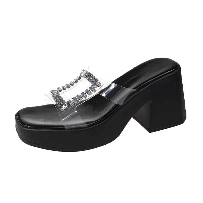 2024 High Quality Women's Shoes Summer Fashion Open Toe Solid Color Women's Slippers Transparent Rhinestone Women's High Heels