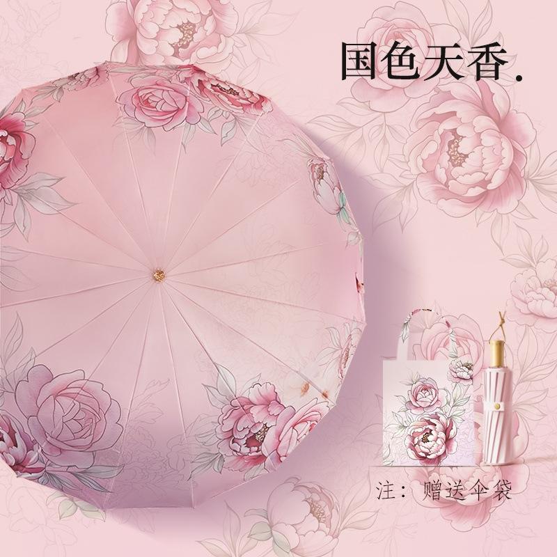 16 Speichen Schirm großer Faltbarer Schirm Wetter und Regen Damen Sonnenschirm Sonnenschutz UV-Schutz Farbleim Sonnenschirm