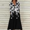 Women's Summer Casual V-Neck Button Vintage Floral Print Three-quarter Sleeve Long Dress With Pockets