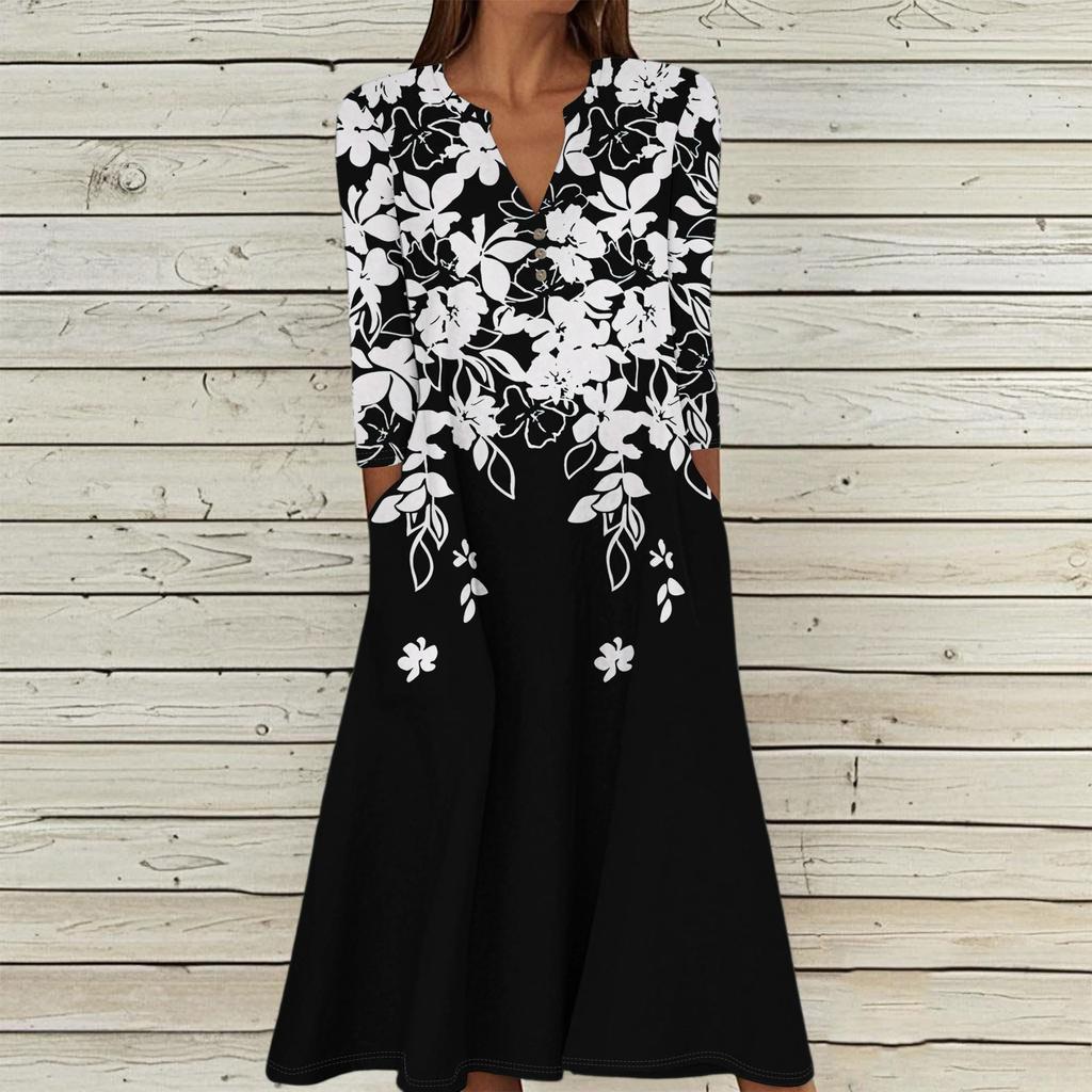 Women's Summer Casual V-Neck Button Vintage Floral Print Three-quarter Sleeve Long Dress With Pockets