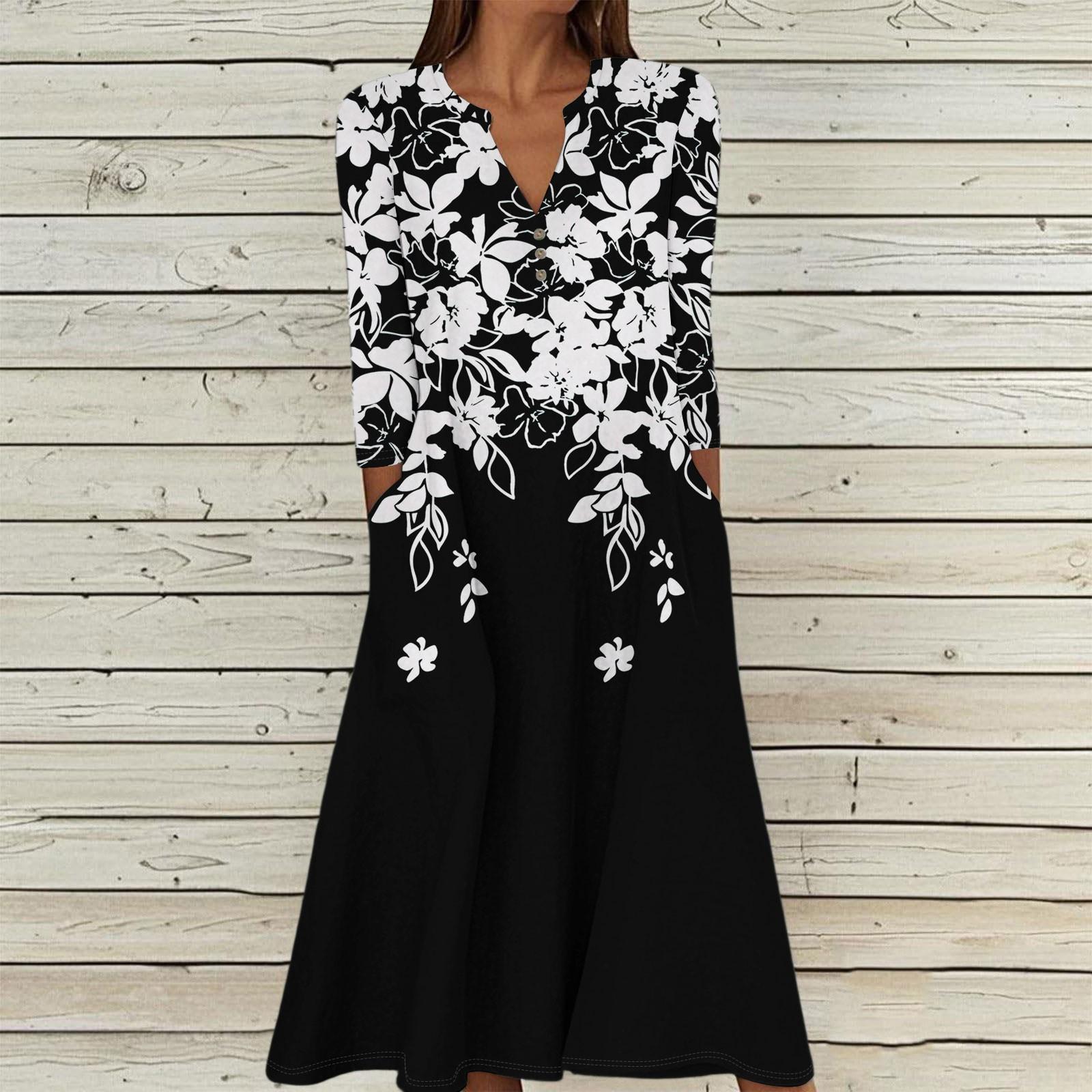 

Женское летнее повседневное платье с V-образным вырезом на пуговицах, винтажным цветочным принтом, рукавом три четверти, длинное, с карманами L