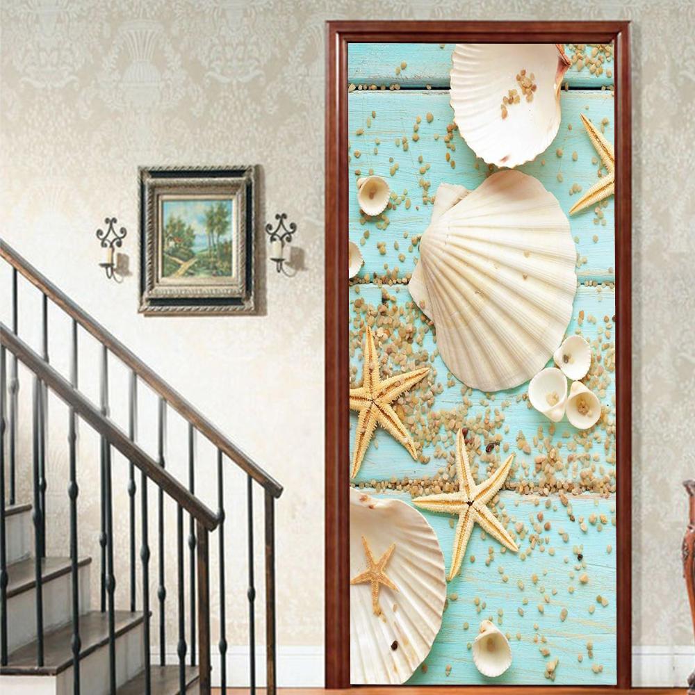 1pcs Porch Beach Scenery Shell Vinyl Door Sticker For Bedroom Home Decor Self Adhesive Removable Wall Decal Door Renovation Waterproof Poster