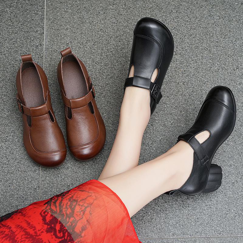 Spring and Autumn Mother Leather Shoes Medium and Old Women's Shoes New First-layer Cowhide Soft Sole Non-slip Middle-aged Single Shoes Women