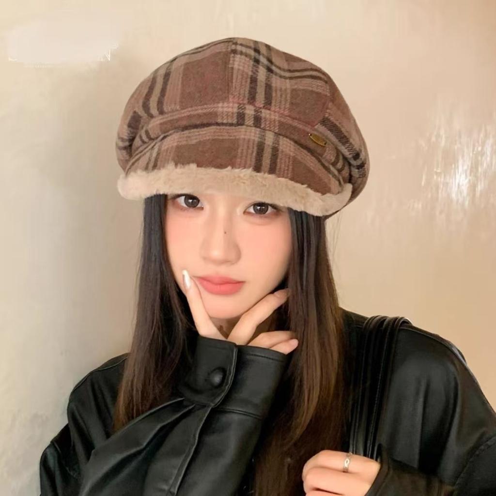 Autumn and Winter Retro Beret Plaid Plush Warm Plush Versatile Thickened Octagonal Hat Duck Tongue Painter Hat