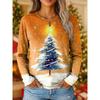 Women's Vintage Christmas Tree Print Long Sleeve T-shirts Holiday Gift Crew Neck Festive Party Top