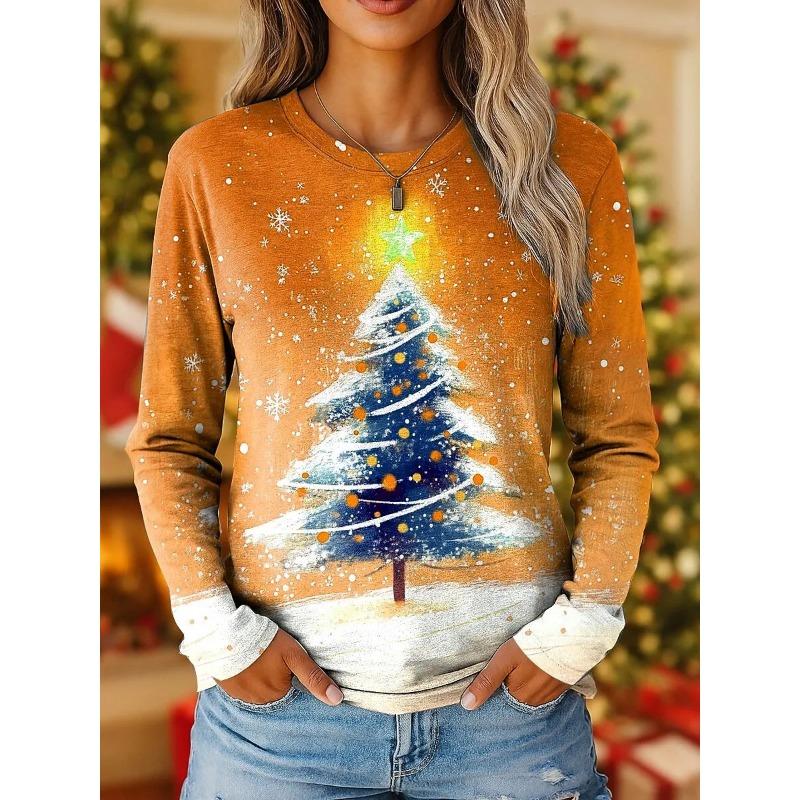 Women's Vintage Christmas Tree Print Long Sleeve T-shirts Holiday Gift Crew Neck Festive Party Top