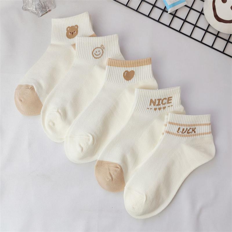 5 pairs/Pack Spring Summer Women's Socks Cute Short Socks Korean Style Bear Smile Face Letters Print Ankle Socks