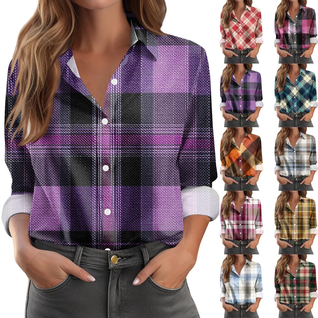 Dámská ležérní módní košile s kostkovaným potiskem, polorozepínacím límcem a dlouhým rukávem