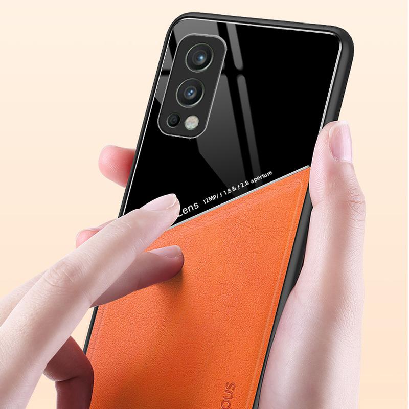 For OnePlus Nord 2 5G Case Leather+TPU+PC Smartphone Cover with Car Mount Metal Sheet