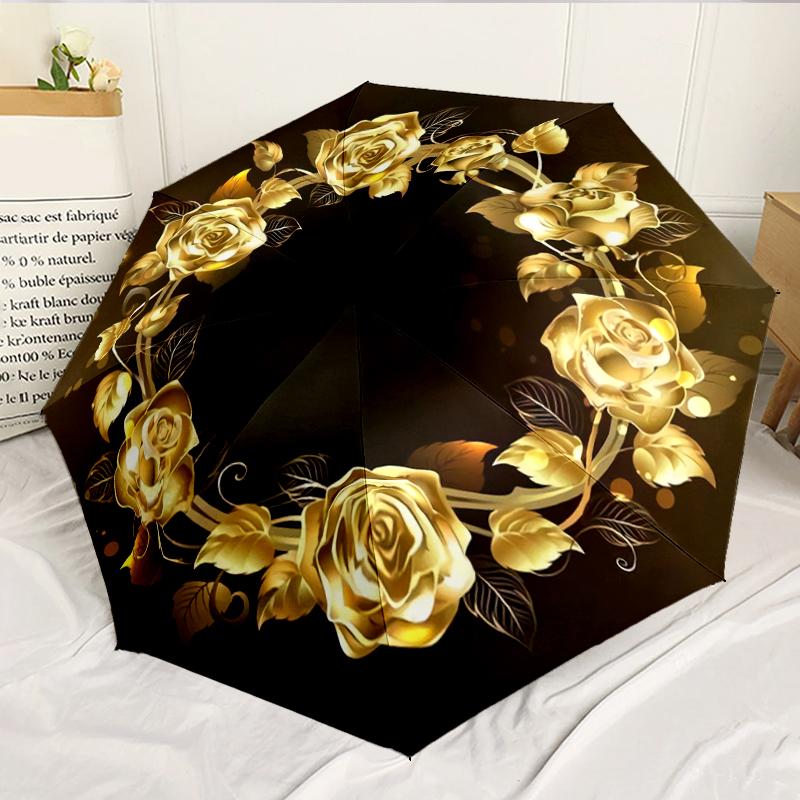 Golden Rose Wreath Design 8-Frame for Travel, Camping, Casual Lightweight Portable Umbrella, Essential for Every Family Holidays Birthday Gift