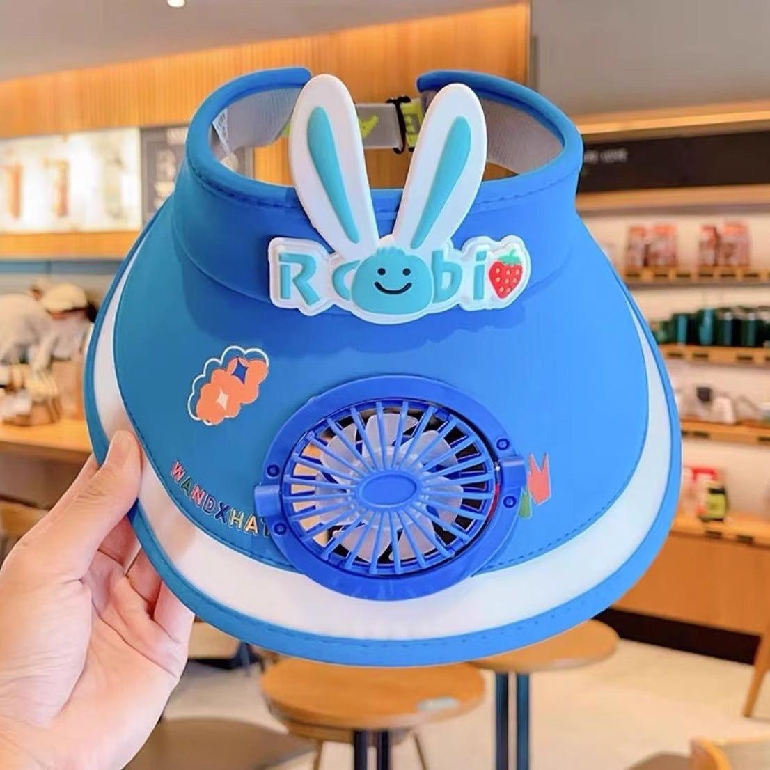 Kids Visor, Sun Visor Hat with USB Charging Fan, Cute Cartoon Design, Wide Brim Empty Top Sunhat for Boys Girls Outdoor синий