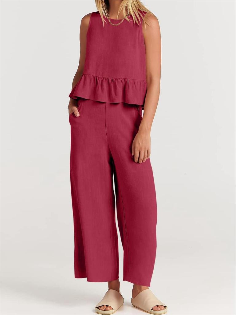 2024 Summer Women's Sleeveless Pleated Vest and Wide-Leg Pants Cotton-Linen Suit