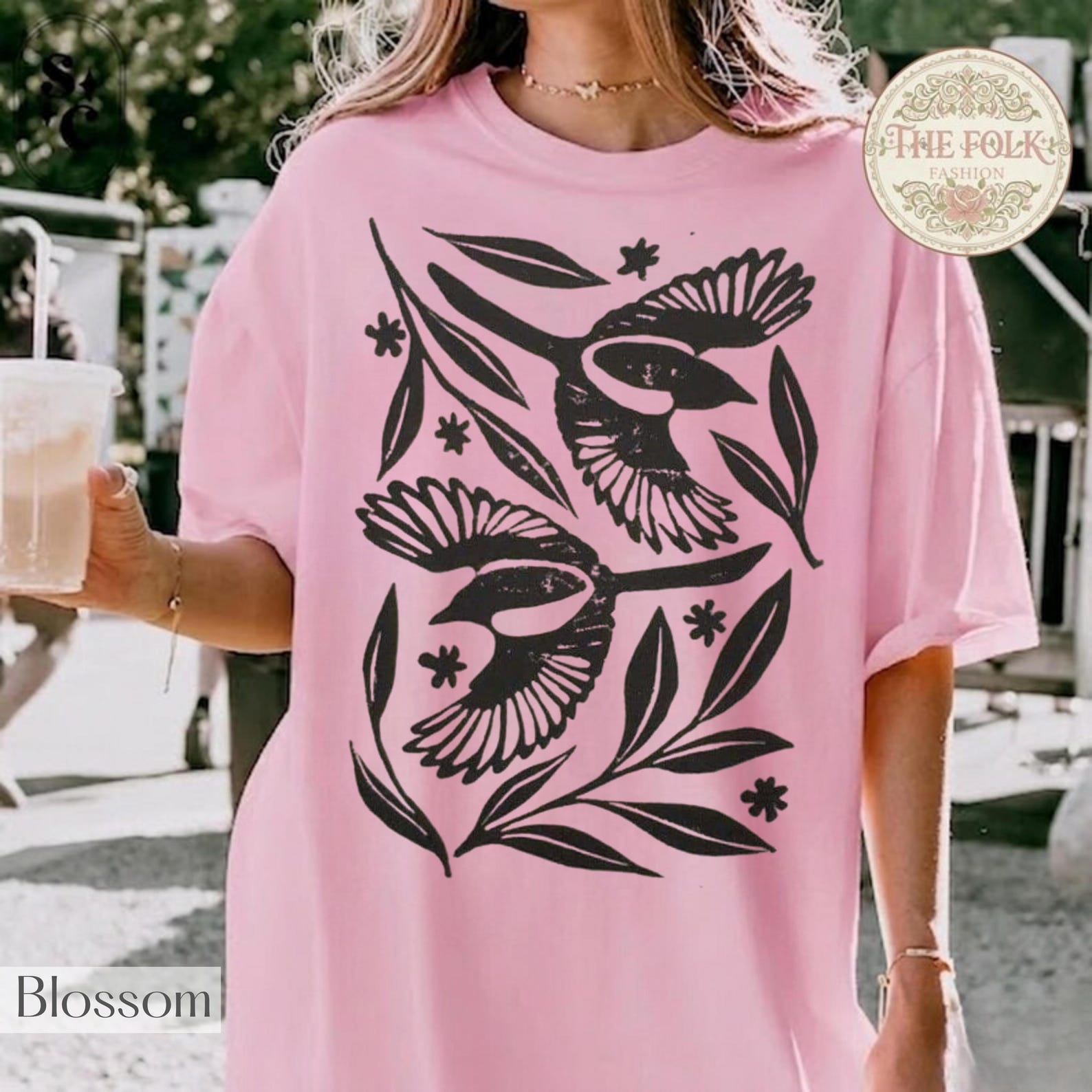 Linocut Bird Shirt, Cottagecore Swallow Tee, Vintage Block Print Floral Tee, Nature Graphic Tshirt, Blossom Comfort Colors, Retro Bird Shirt XL