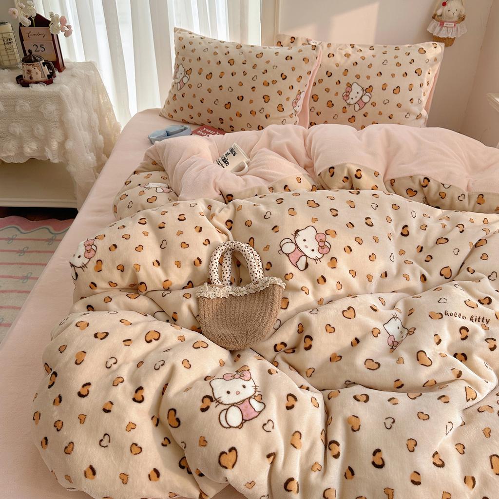 Cartoon Cute Double-Sided Fleece Thickened Milk Fleece Four-Piece Set, Student Dormitory Three-Piece Set, Bedding