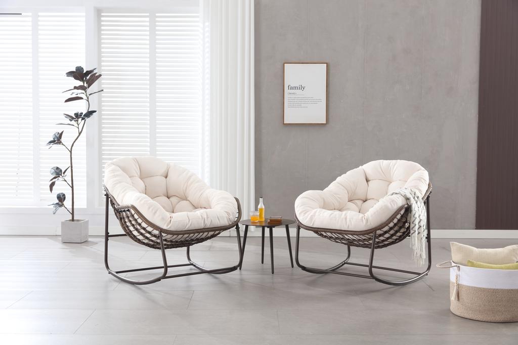 Outdoor Rocking Chair, Patio Oversized Wicker Egg, Indoor & Comfy Rocker with Thick Cushion, Modern Lounge for Balcony, Garden, Backyard, Deck, White
