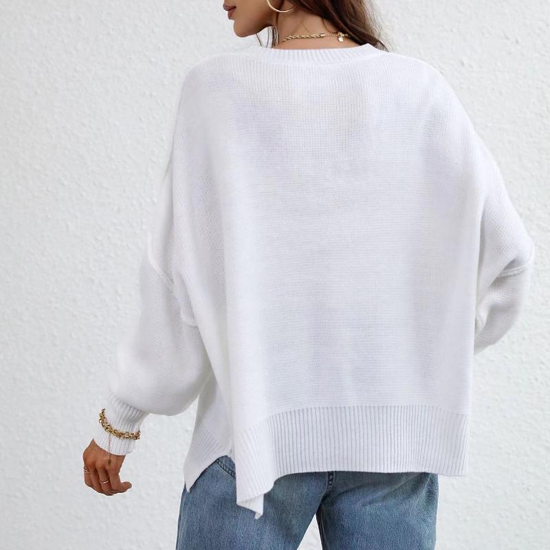 IHUASU Autumn and Winter Fashion Women's O-Neck Knit Loose Split Pullover Sweater