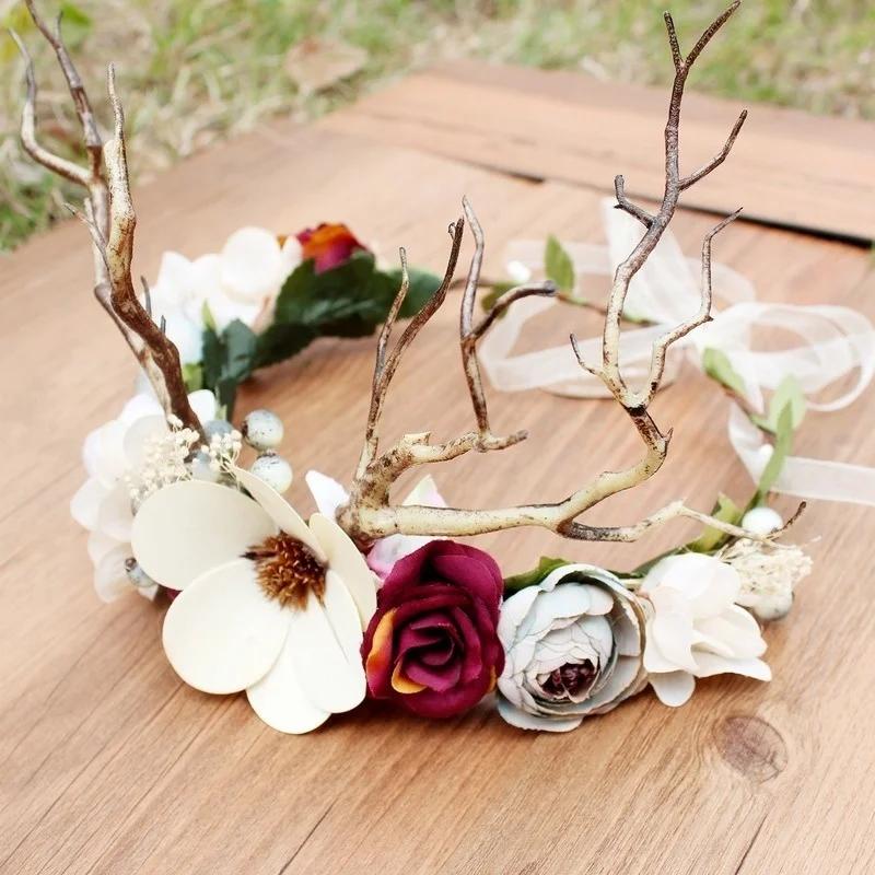 

Ретро лес ветка оленьи рога роза гипсофила сухие цветы гирлянда преувеличенное выпускное платье подиум аксессуары для мероприятий светло-розовый
