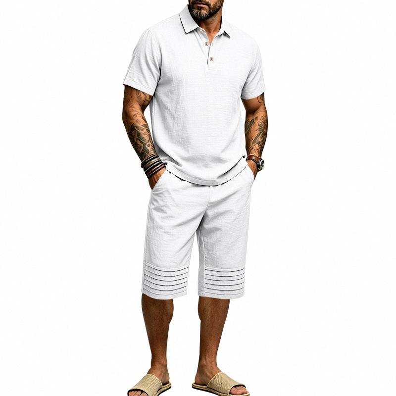 Summer Men's Casual Sportswear Sets Lapel Men's Short-Sleeved Shirt and Shorts Solid Beach Set
