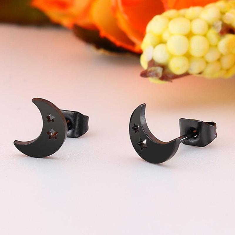 Korean Minimalist Hollow Crescent Moon Earrings - Stainless Steel Studs