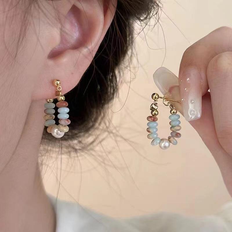 Chic Colorful Stone Beaded Hoop Earrings For Women Sweet Gold Color Metal Earrings Korean Daily Wear Jewelry