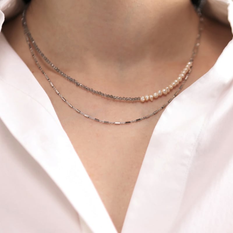 ozel Silver 925 Labradorite Fresh Water Pearl Layered Necklace PS113N
