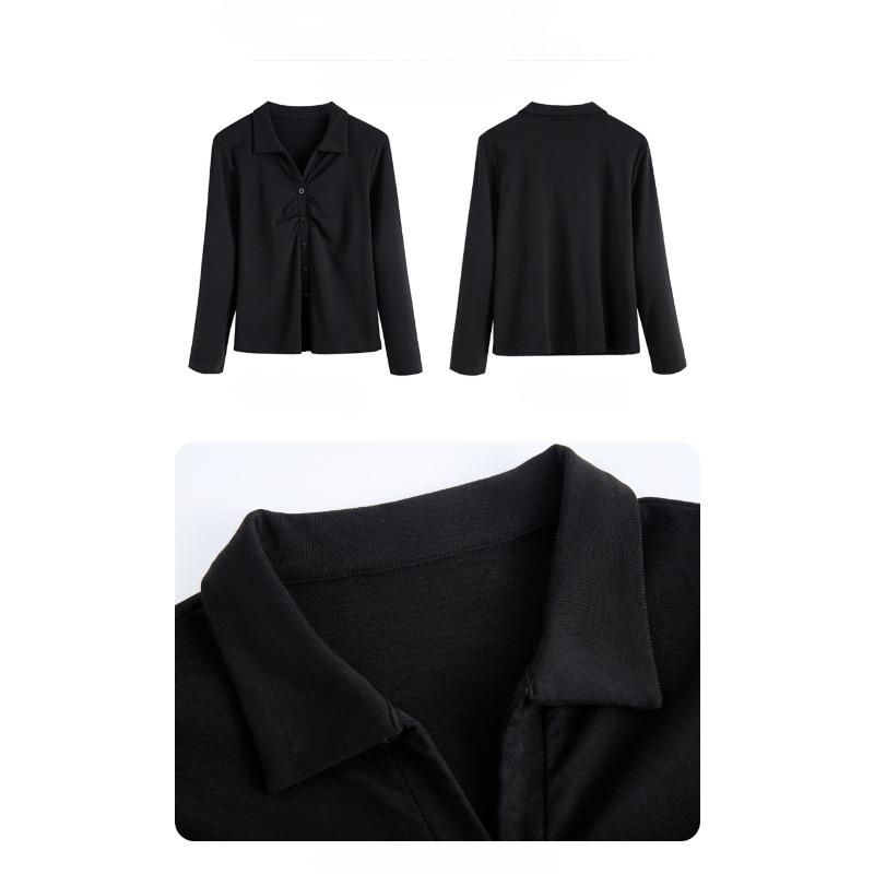 Autumn Women's Solid Colour Cardigan Button Lapel Long Sleeve Polo Shirt