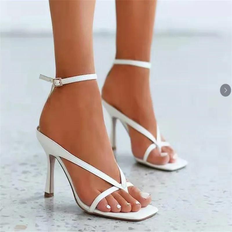 Fashion 2024 Women Summer Pumps Sandals High Heels 9CM Shoes Flip Flops Ankle Strap Sexy Square Toe Sliod Buckle Party Sandals