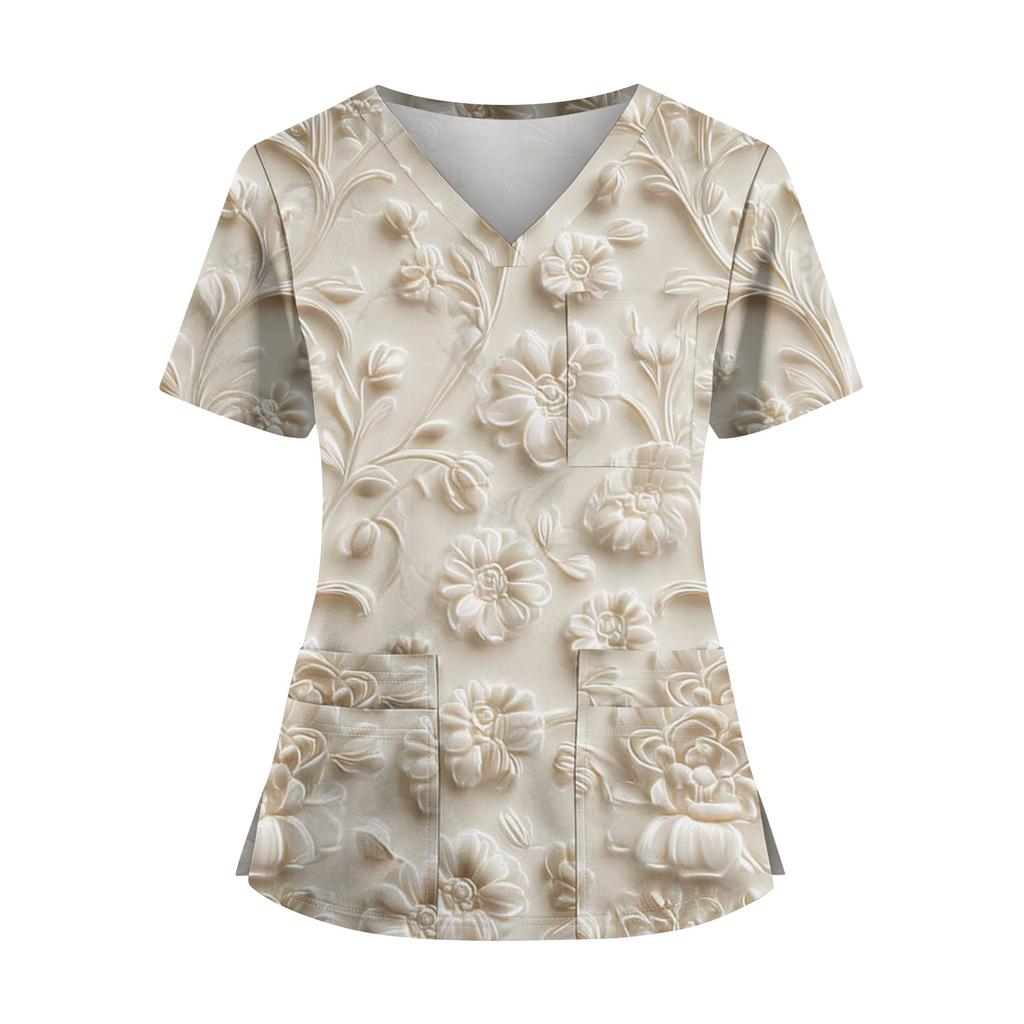 Bedruckte Oberteile für die Arbeitsuniform in Übergröße für Damen, V-Ausschnitt, Halloween-Aufdruck, kurzärmliges Fun-T-Shirt, Workwear-T-Shirt mit Taschen