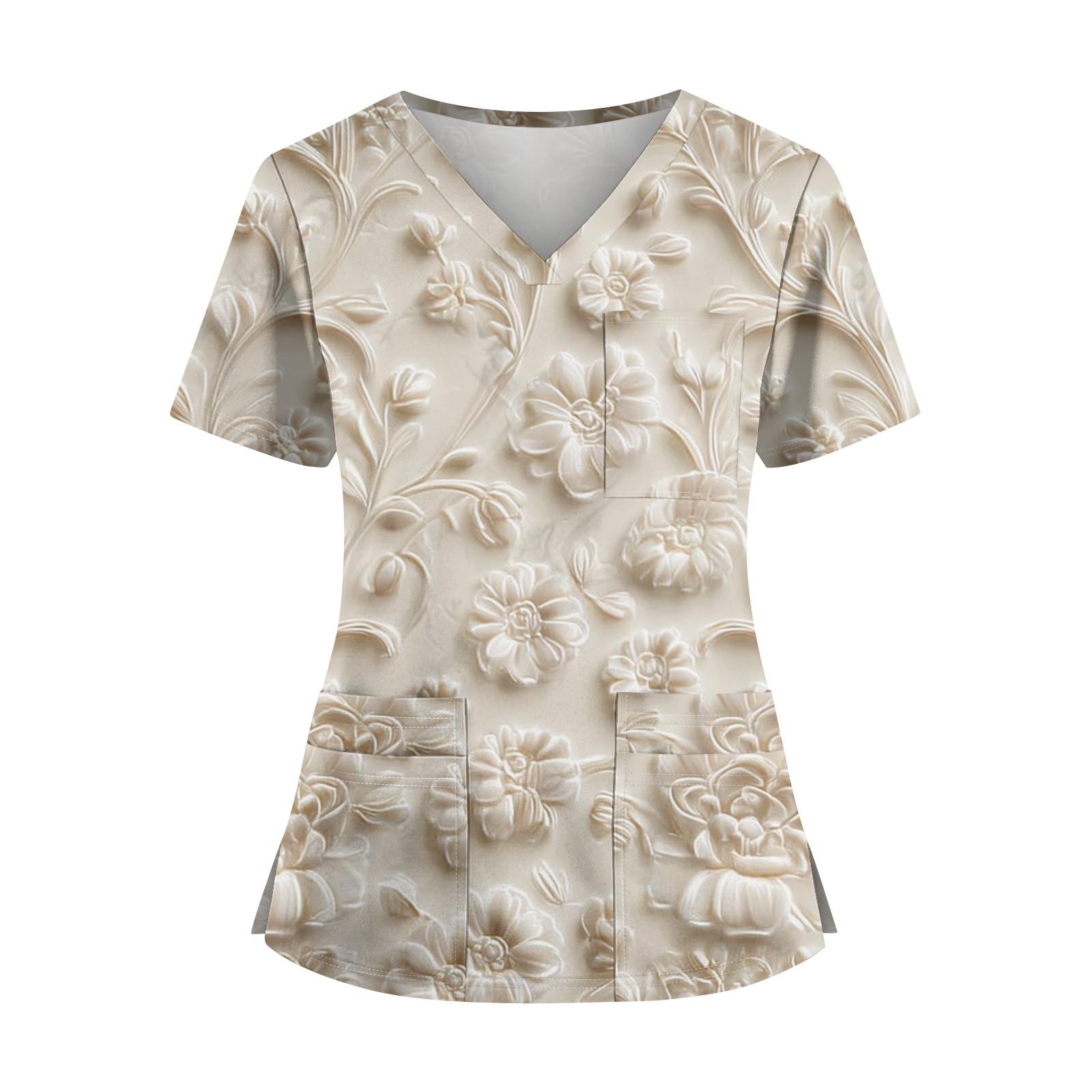 

Плюс размерСкраб с принтом Рабочая форма Топы для женщин Крест V-образным вырезом Хэллоуин Принт с короткими рукавами Забавные футболки Спецодежда Футболка с карманами L бежевый