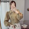 Camisa de chiffon vintage feminina outono estilo nacional fivela cintura pequena camisa manga bolha top curto