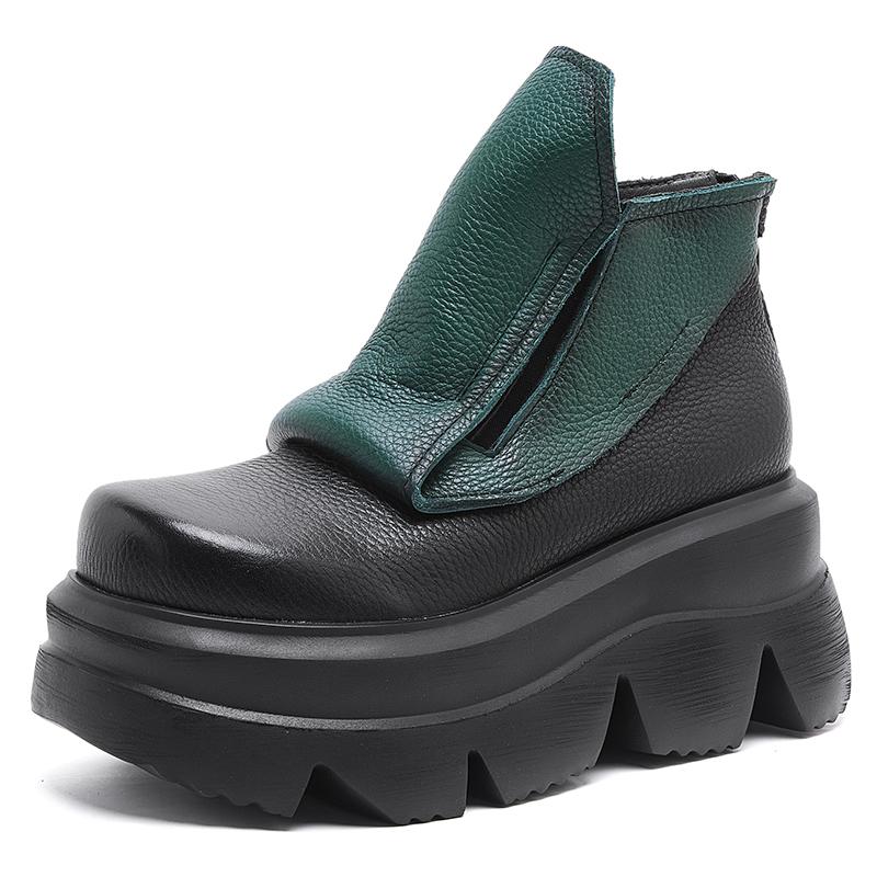 Fashion GKTINOO Handmade Wedges Boots Platform Women Genuine Leather Short Boots Round Toe Height Increasing Thick Sole Ladies Shoes