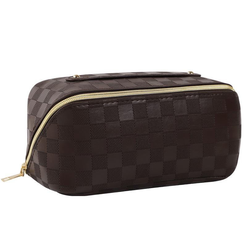 Portable Checkerboard Pu Leather Handheld Travel Large Capacity Cosmetic Toiletry Storage Bag