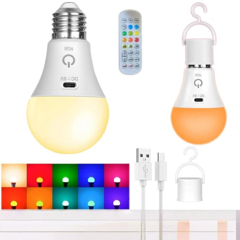 

1 Set Rechargeable Smart Dimmable E27 Bulbs With Timing Cordless Battery Operated Light Bulb Rgb/3 Color Usb Led Lamp Bulb A2