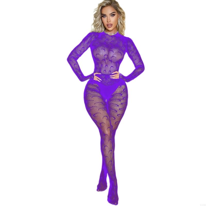 Women Sheer Mesh Bodystocking Moon Patterned Lingerie Long Sleeve See Through Bodysuit Fishnet Jumpsuit Tights