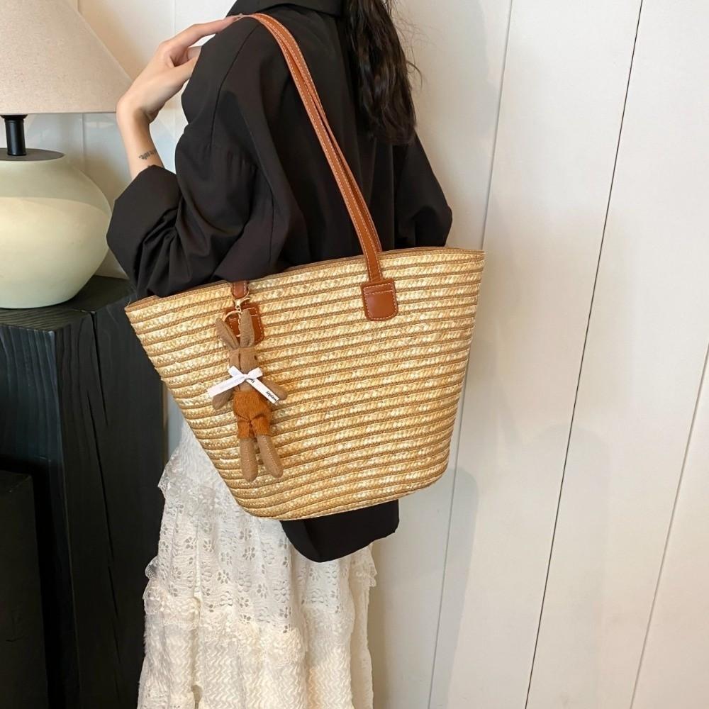 Fashion Straw Tote Bag Stripe Large Capacity Woven Shoulder Bag Square with Zipper Vacation Beach Bag