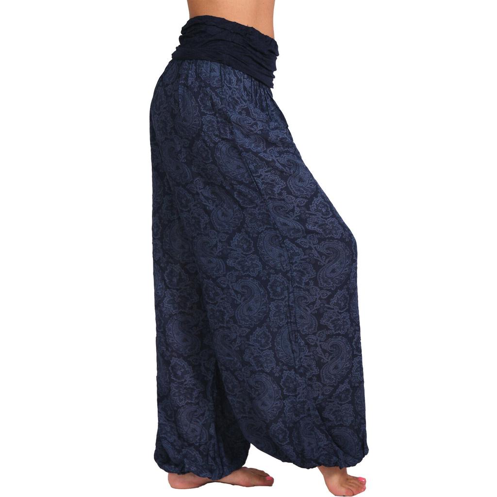 Women Casual Boho Print Pants Wide Leg Pants Loose Pocket Button Pants