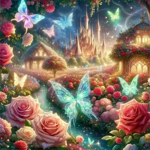 Diamond Painting Kit Ros Fjäril Helt Fyrkantig Rund Broderi Mosaik Slott Landskap Heminredning